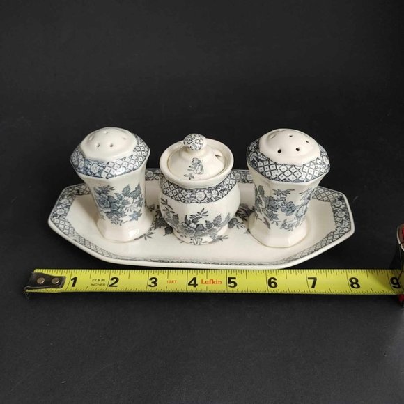 Mason's Stratford Blue Condiment Set Salt Pepper Shakers Mustard Jar Tray - Picture 11 of 11